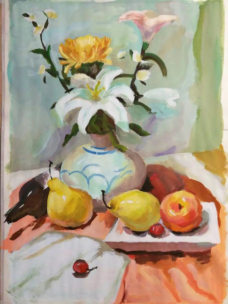 Still life with flowers and fruit